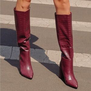 Katari Cranberry Croc Pointed-Toe Knee High Boots
